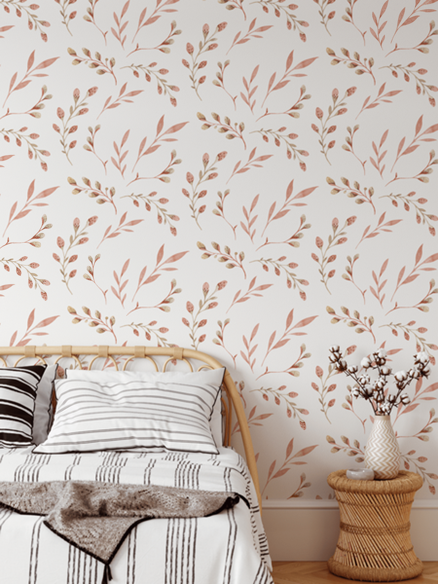 Hudson Dusty Pink sprig wallpaper in a bedroom with striped linen bedding