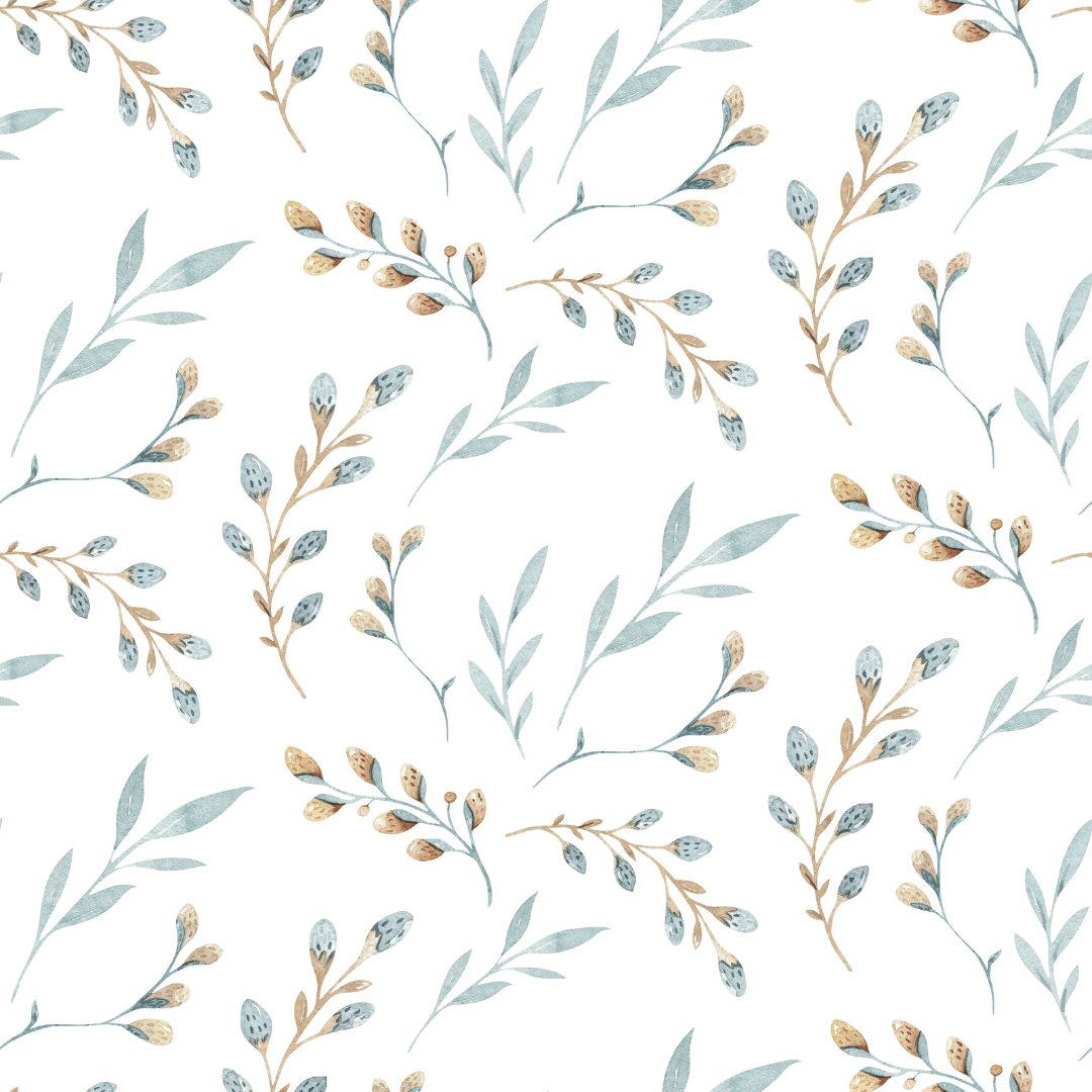Close-up of Hudson Seafoam wallpaper showing tan and sage leaf sprigs on white