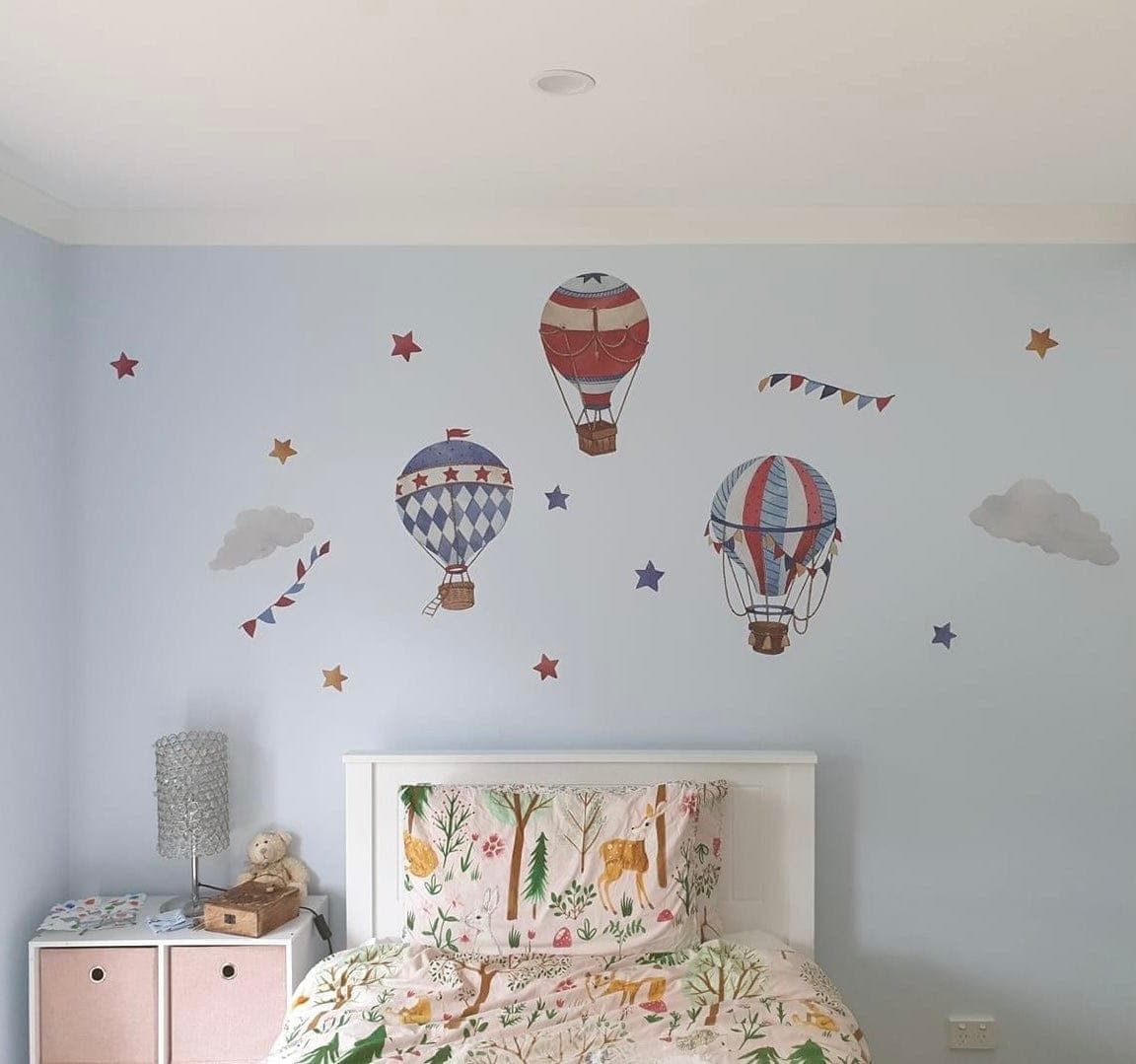 Customer photo of hot air balloon decals on a pale blue wall