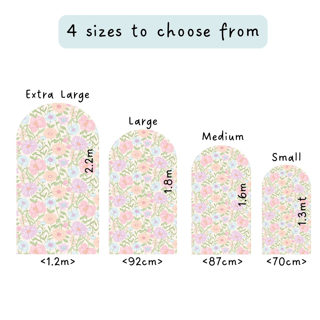 June arch size guide: extra large 2.2m, large 1.8m, medium 1.6m, small 1.3m tall