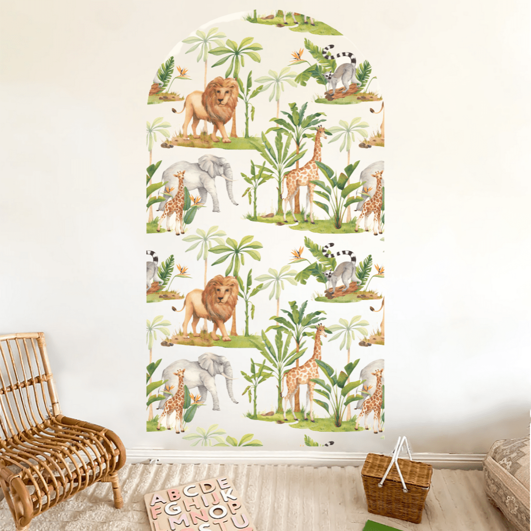 Serengeti Oasis arch decal with lion, giraffe and elephant among palms