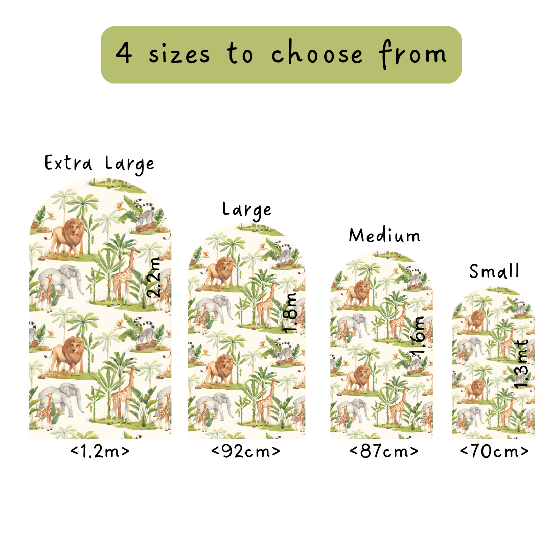 Serengeti Oasis arch size guide: extra large 1.2m, large 92cm, medium 87cm, small 70cm
