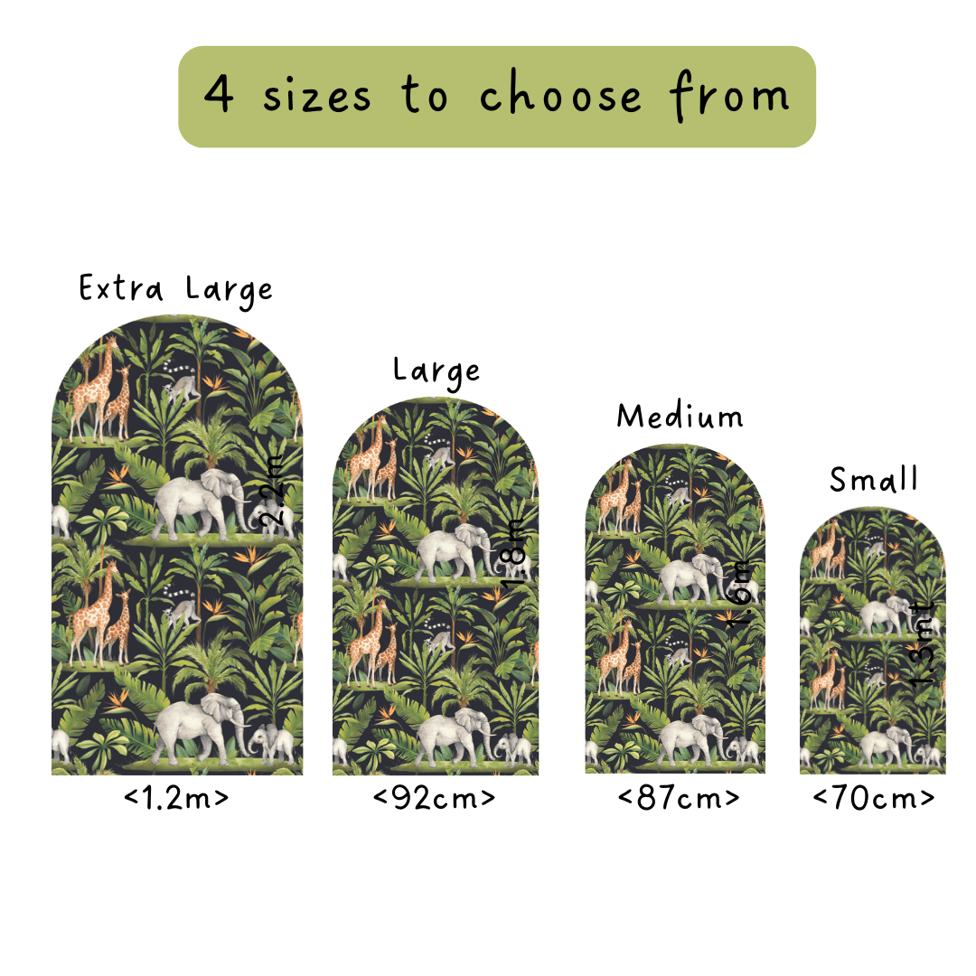 Midnight Safari arch size guide: extra large 1.2m, large 92cm, medium 87cm, small 70cm