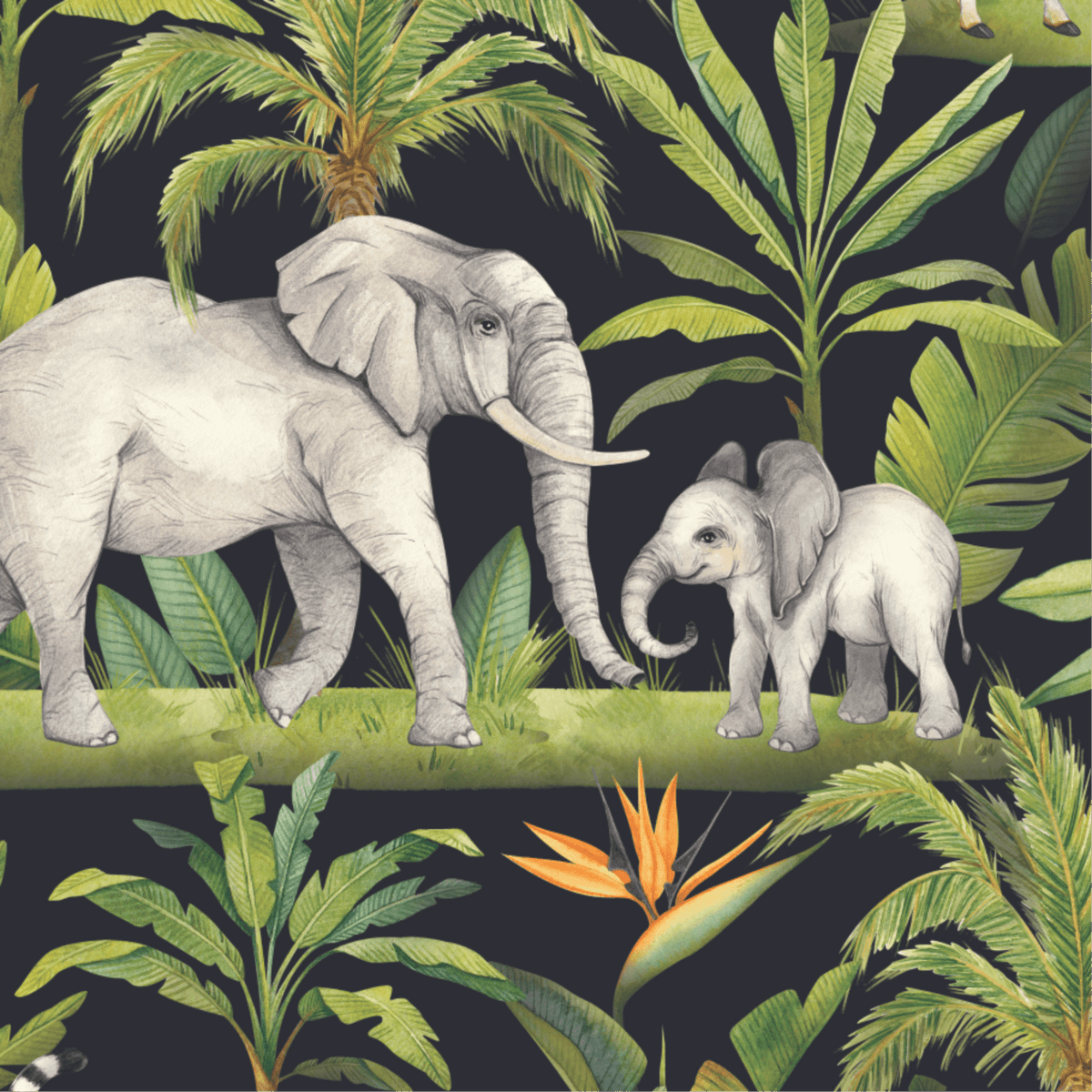 Close-up of the Midnight Safari arch showing elephants among tropical palms