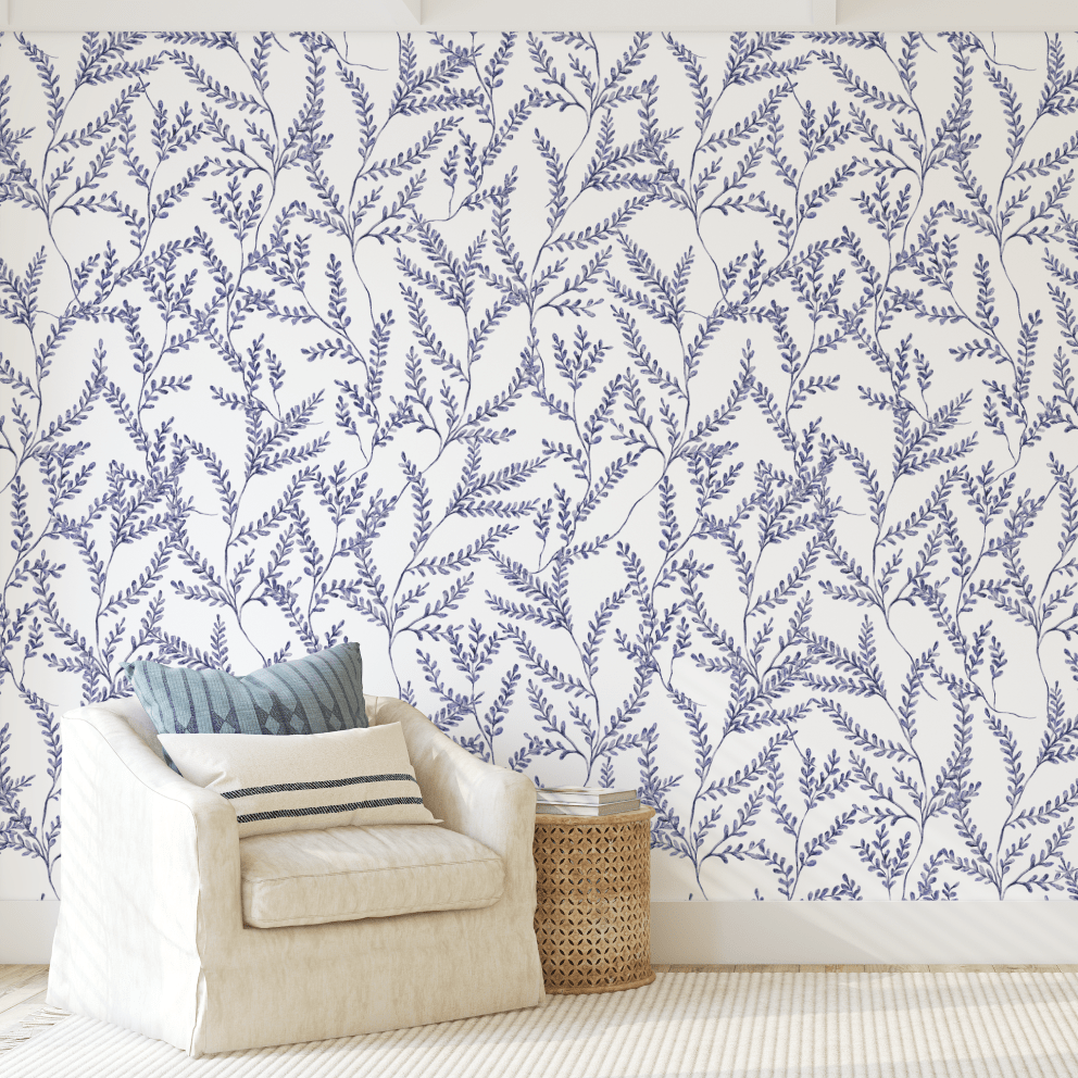 Mae Farmhouse Foliage Blue Wallpaper