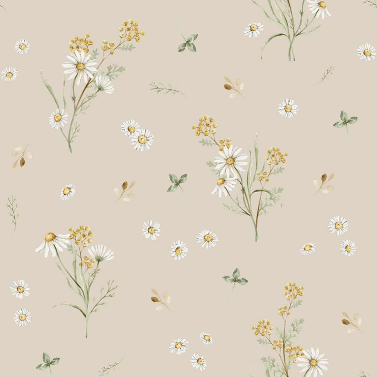 Close-up of Meadow wallpaper showing white daisies and yellow buds on a greige ground