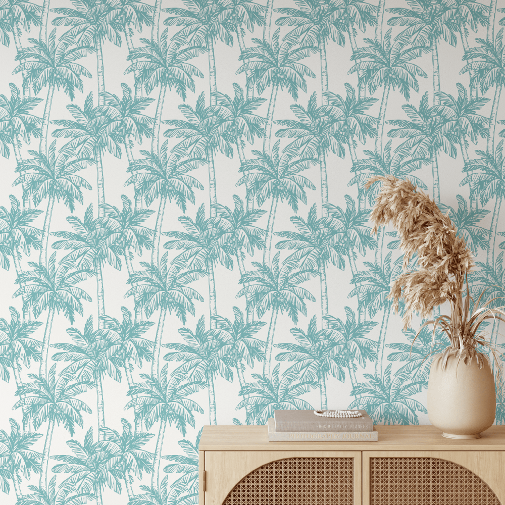 Aqua Tropical Palms Beachhouse Wallpaper
