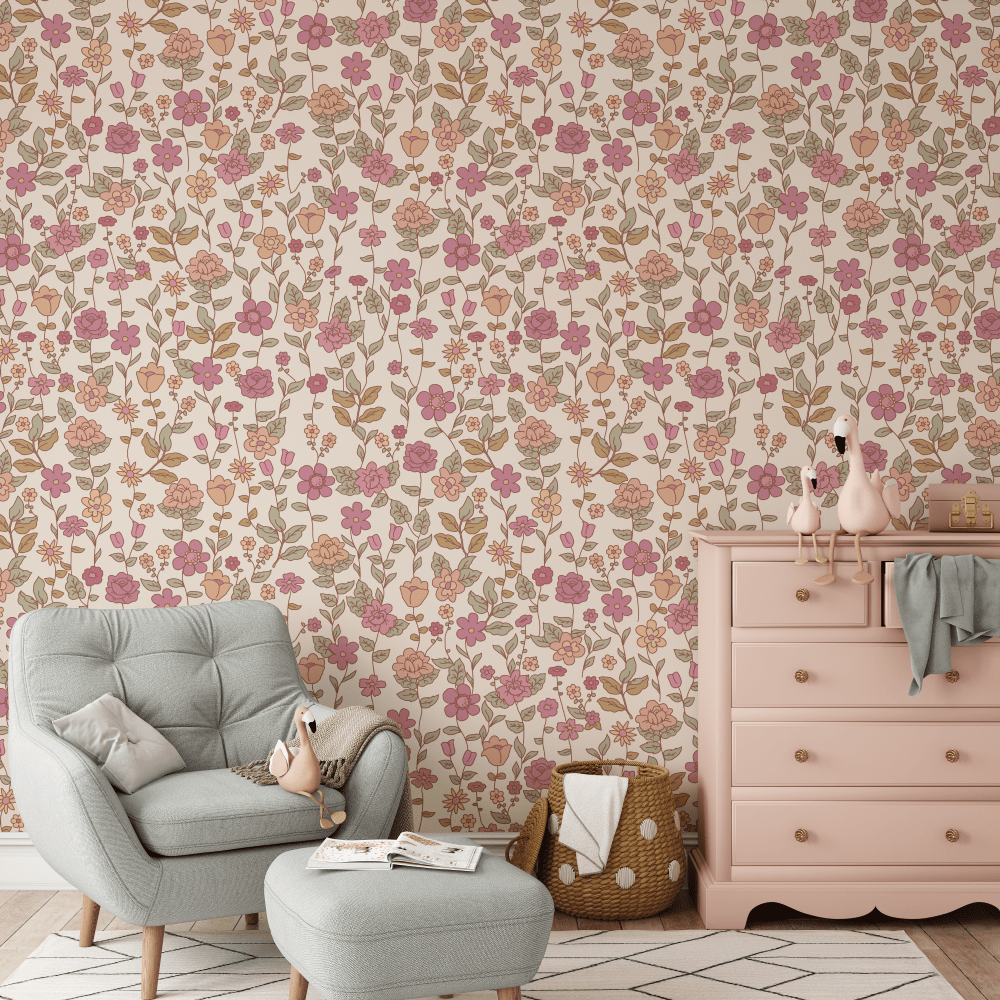 Pia Rustic Farmhouse Floral wallpaper in a room with a grey armchair