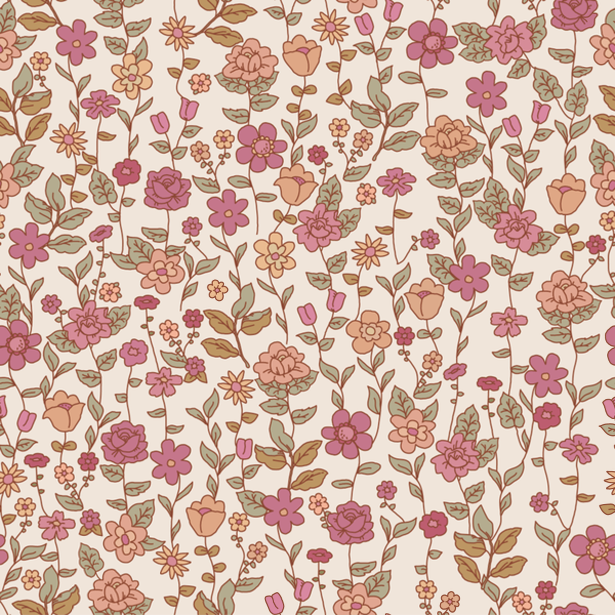Close-up of Pia wallpaper showing dense pink and coral blooms with olive leaves