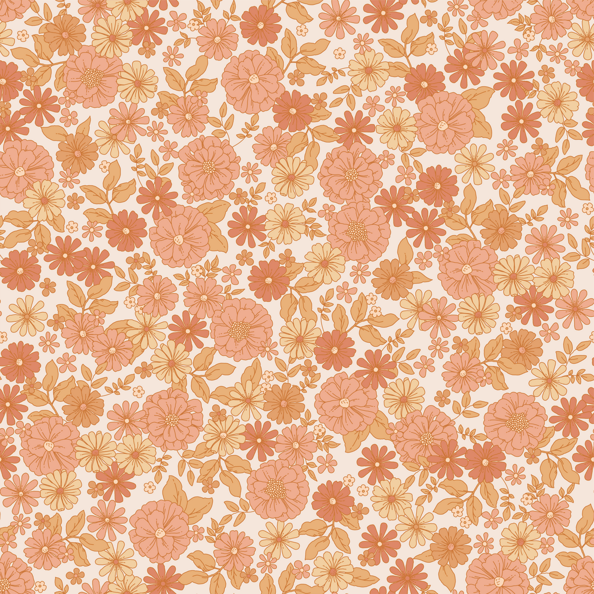Close-up of Piper wallpaper showing dense coral and ochre blooms in earth tones