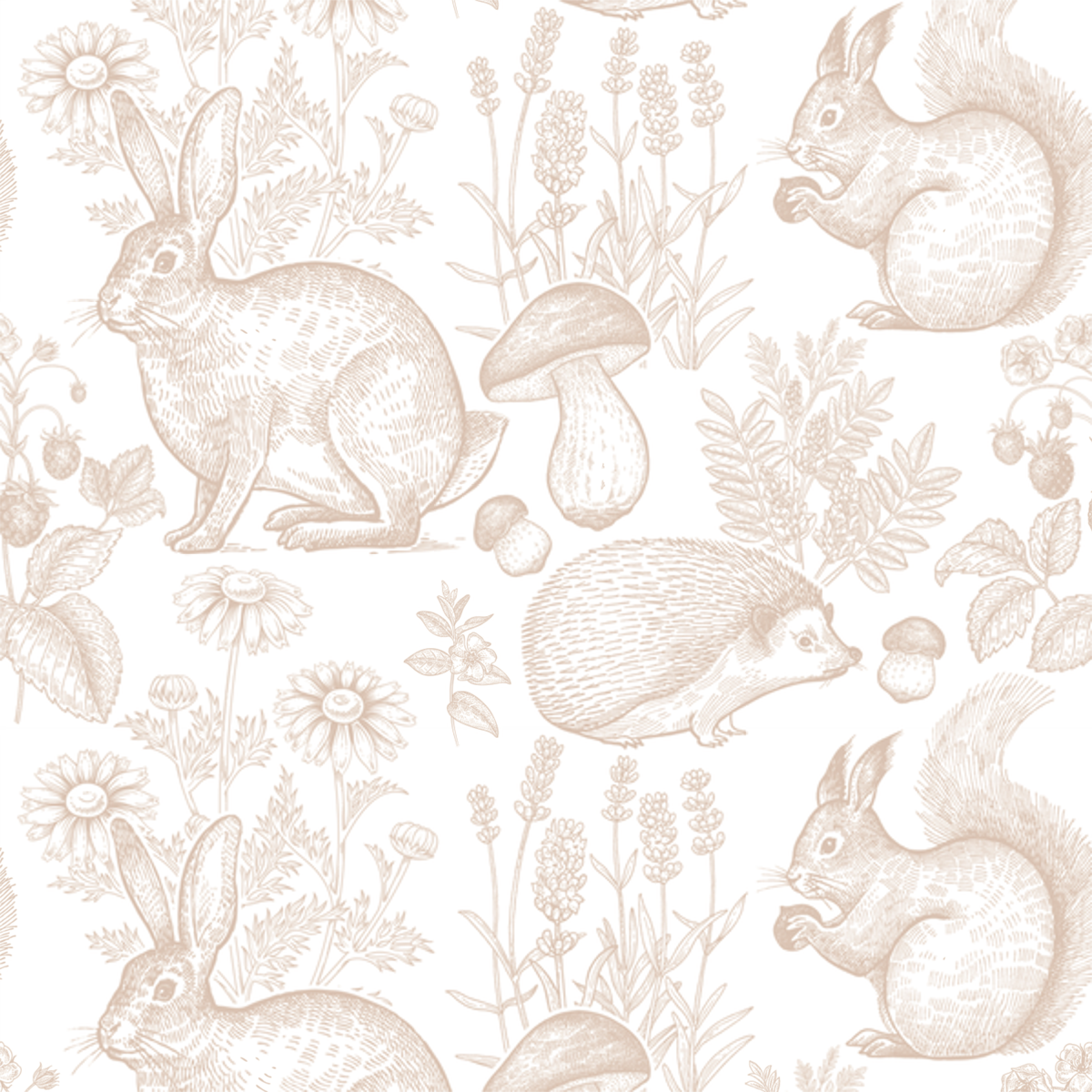 Pattern of rabbits, squirrels, hedgehogs, and plants on a white background