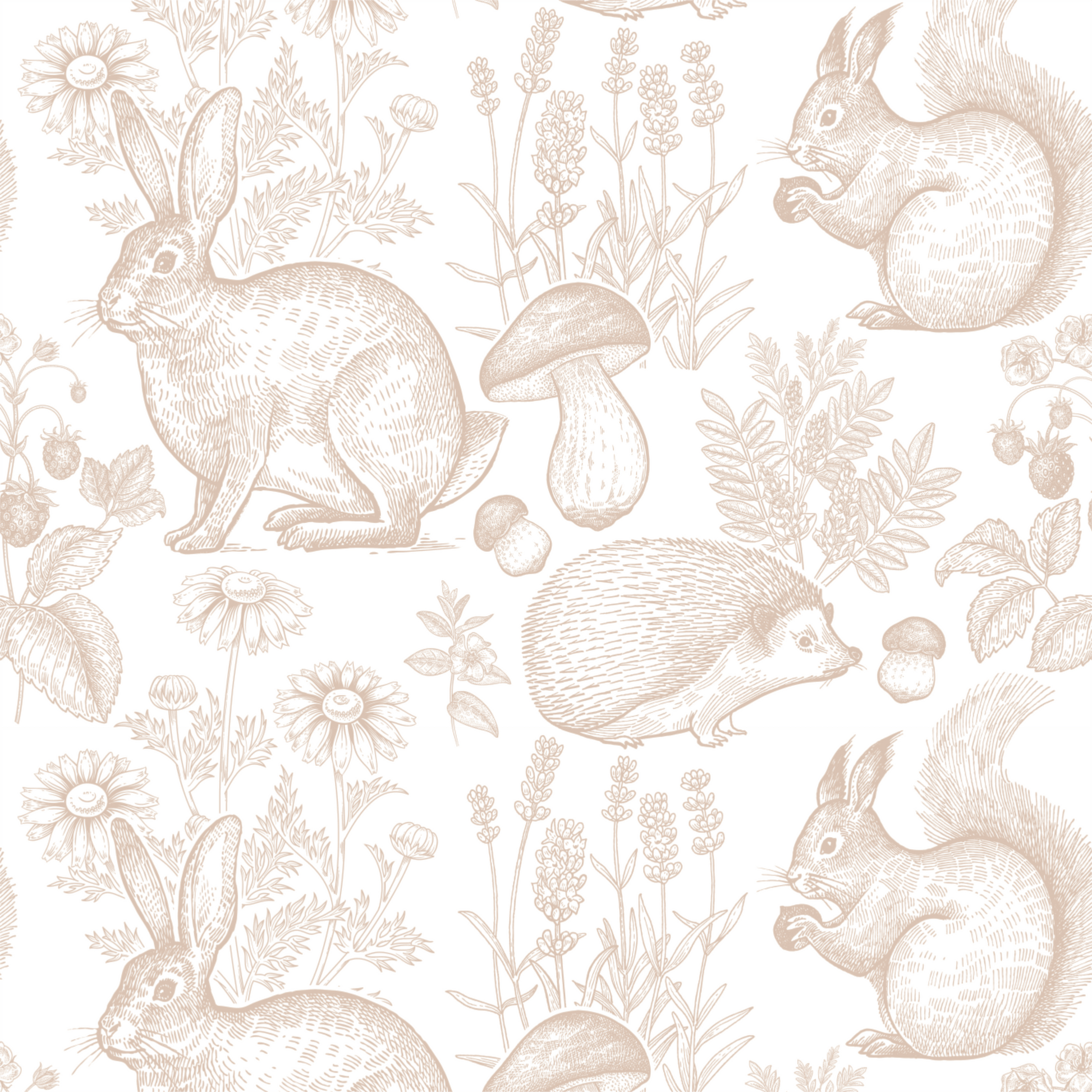 Pattern of rabbits, squirrels, hedgehogs, and plants on a white background