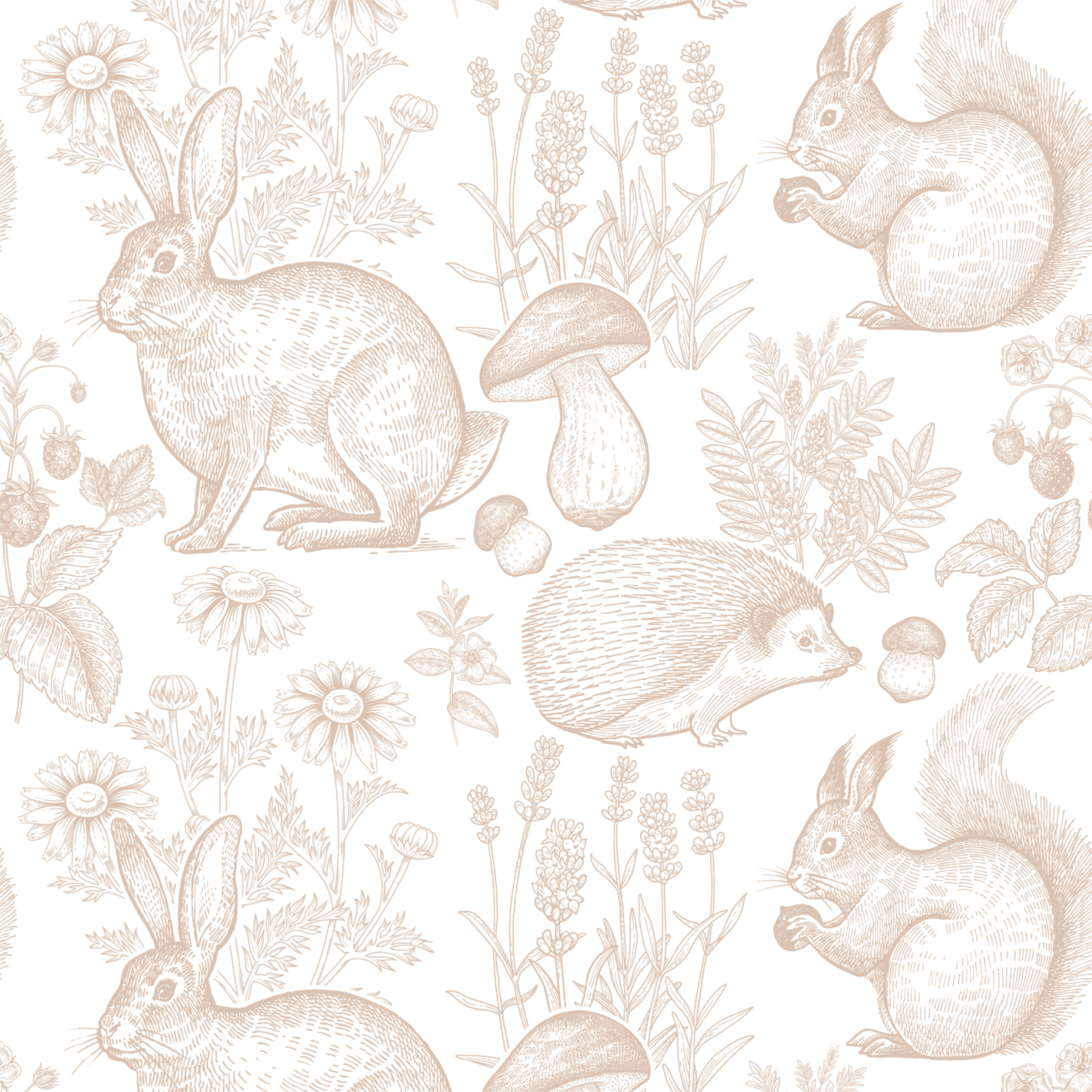 Pattern of rabbits, squirrels, hedgehogs, and plants on a white background