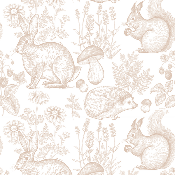 Pattern of rabbits, squirrels, hedgehogs, and plants on a white background