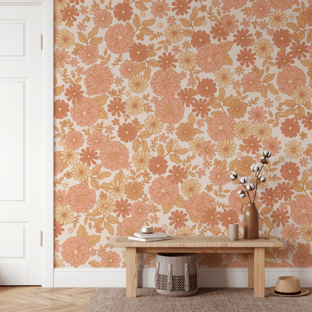 Piper Boho Earth-Tone Floral wallpaper above a timber bench and woven basket