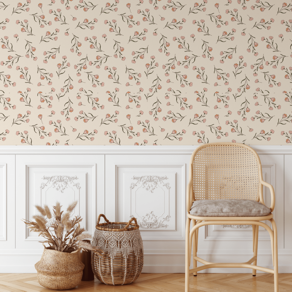 Silvi Dainty Flower wallpaper above wall panelling with a rattan chair