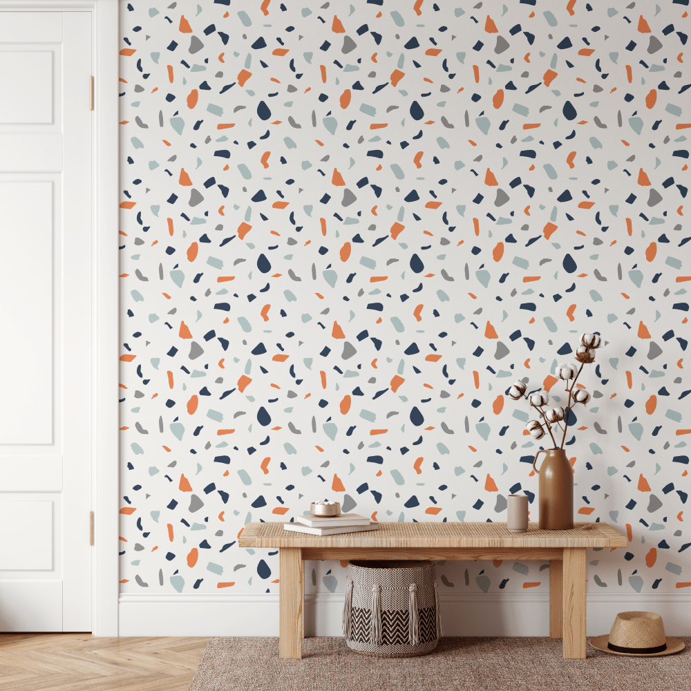 Orange Geometric Terrazzo Patterned Wallpaper
