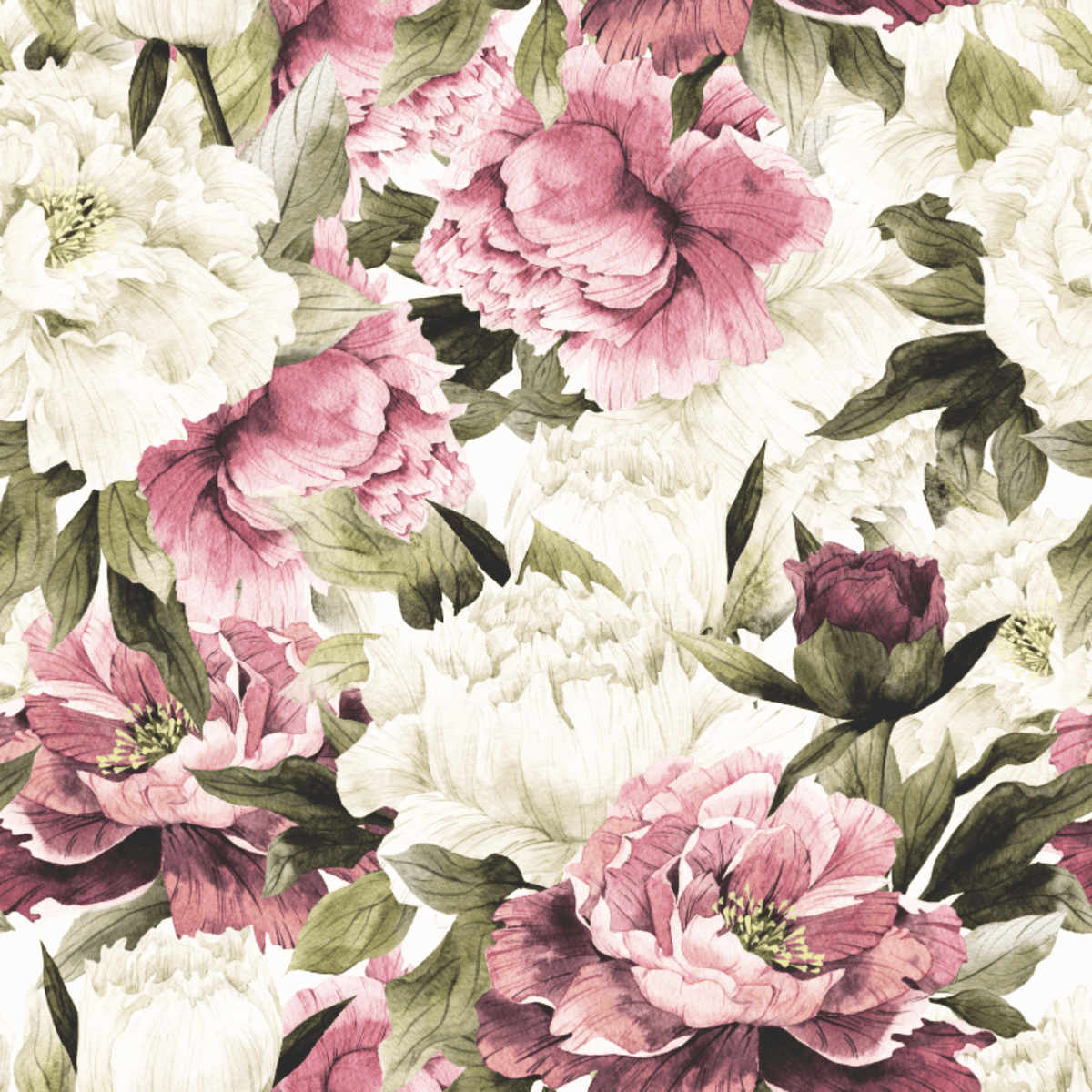 Close-up of Victoria Vintage Floral wallpaper showing packed pink and cream peonies