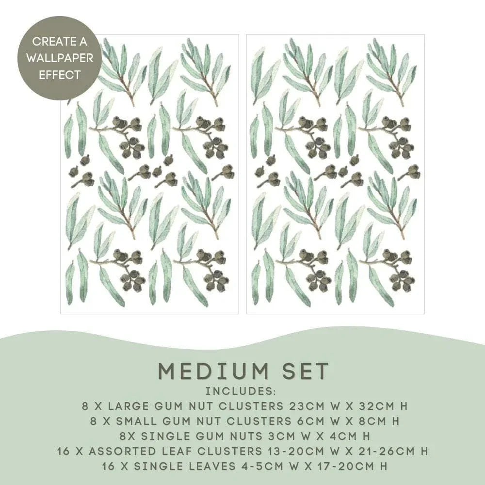 Gum Nut Medium Set: 8 large clusters, 16 gum nuts and 16 leaf clusters for a wallpaper effect