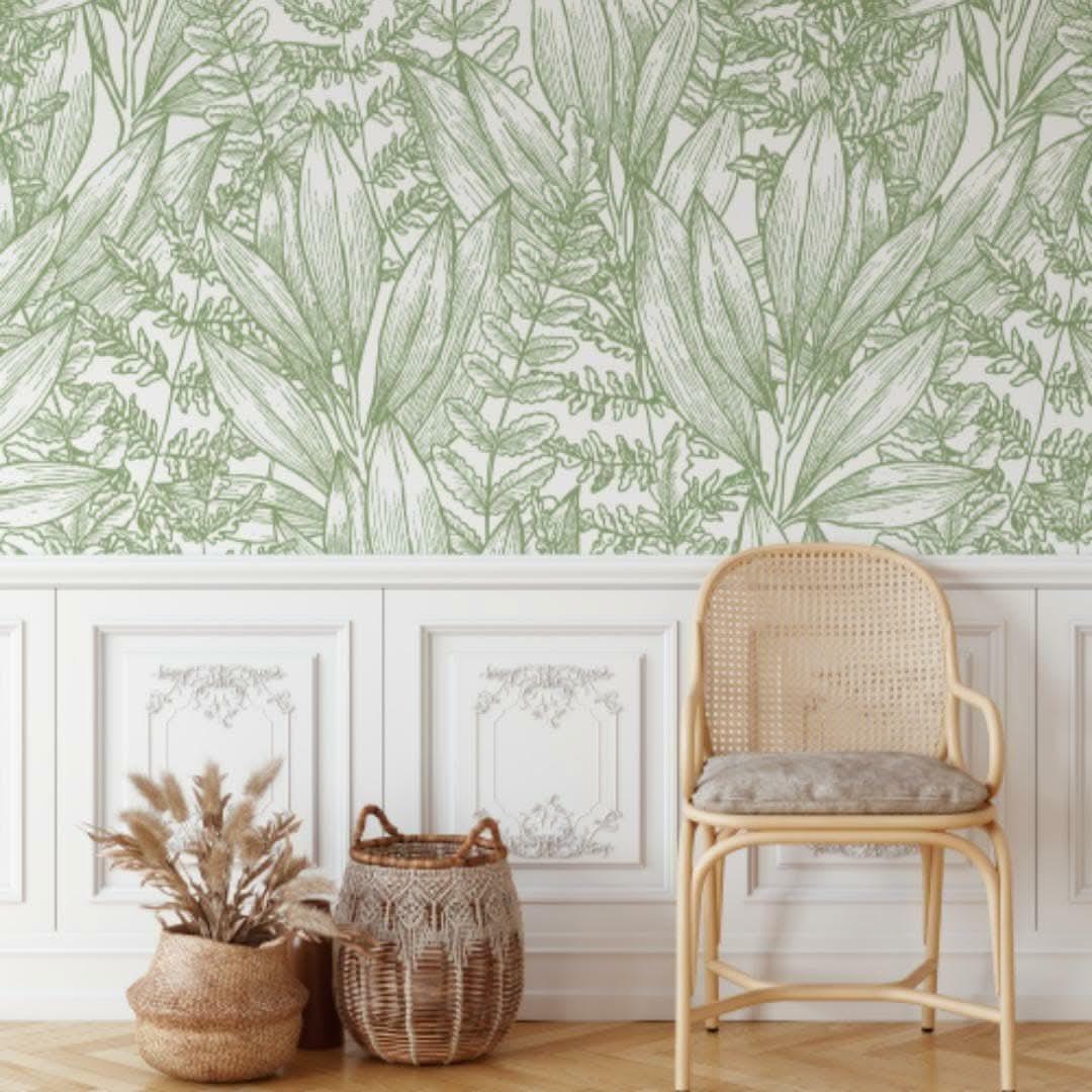 Botanical green line-drawn foliage wallpaper above wall panelling