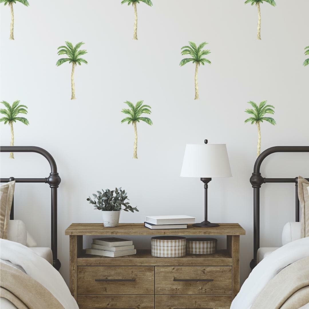 Mini palm tree decals scattered above a timber bedside table
