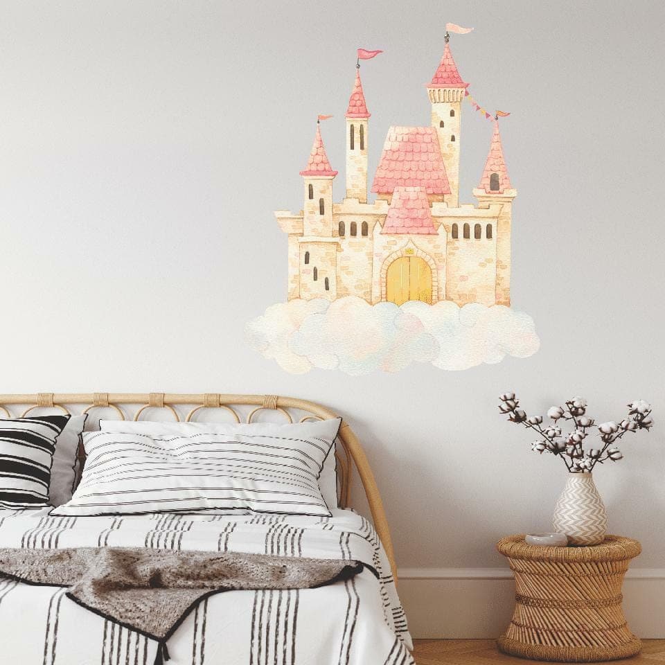 Princess castle wall decal on clouds above a bed