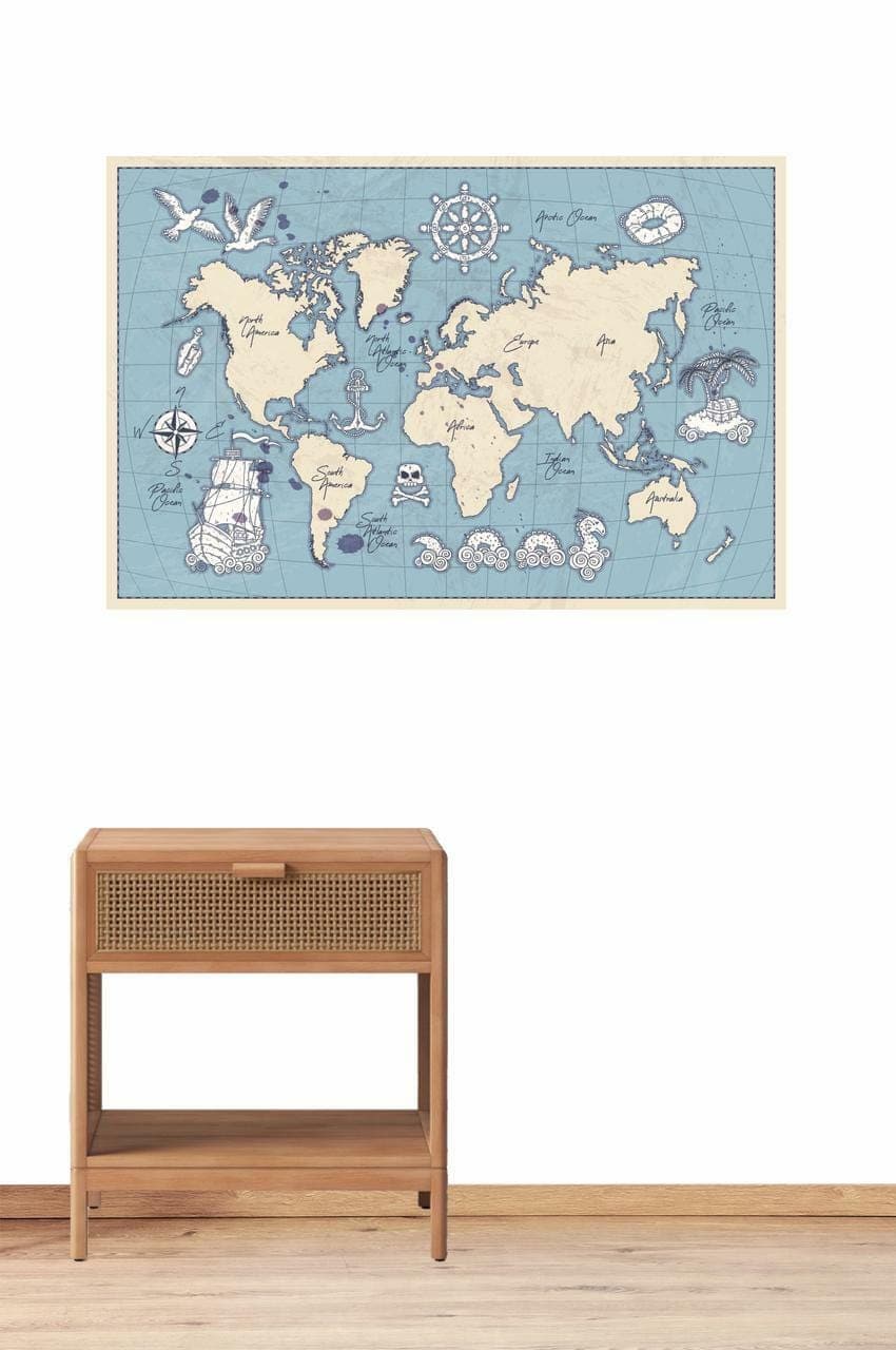 Little Explorer old world map wall decal above a timber bedside table
