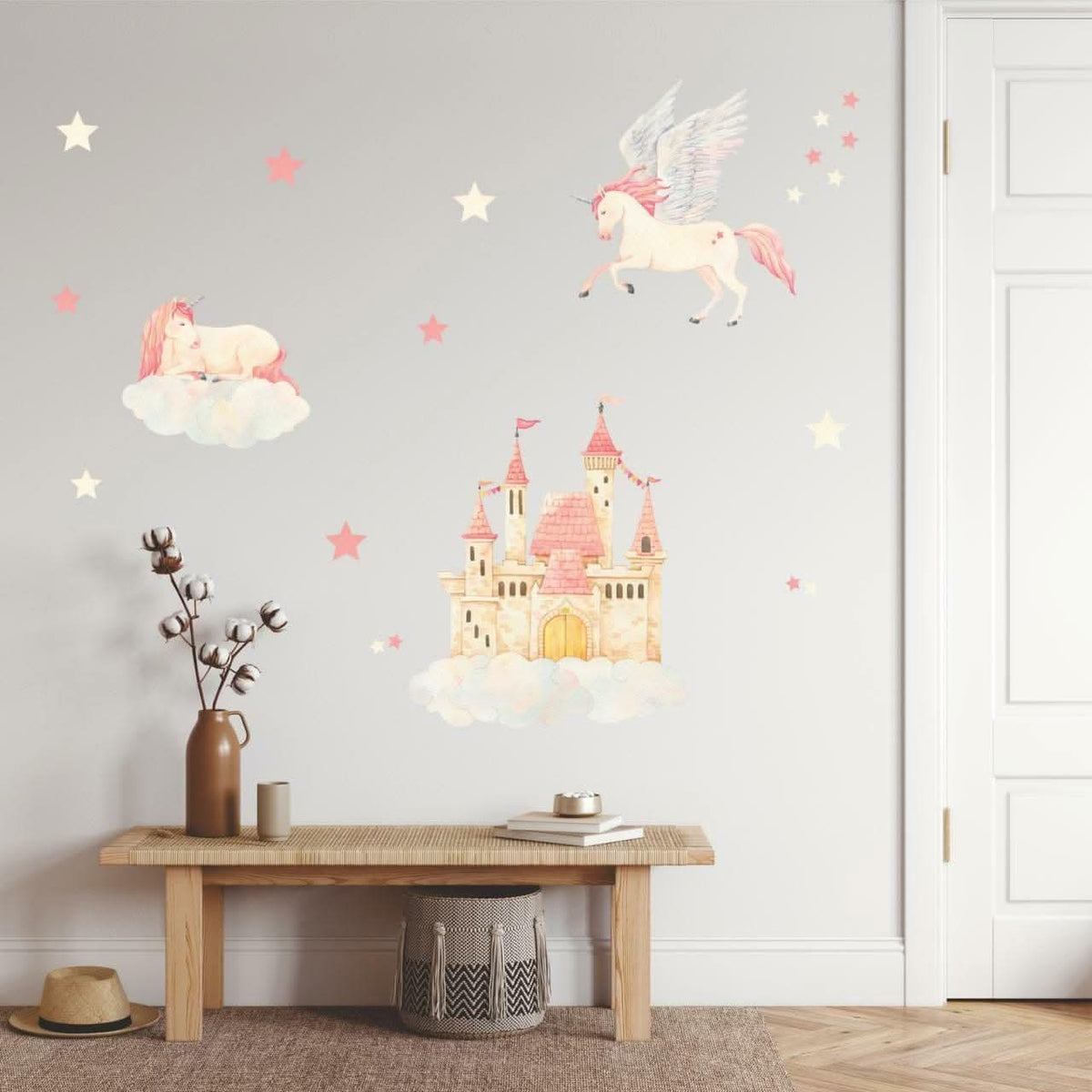 Unicorn, castle and star decals above a timber bench