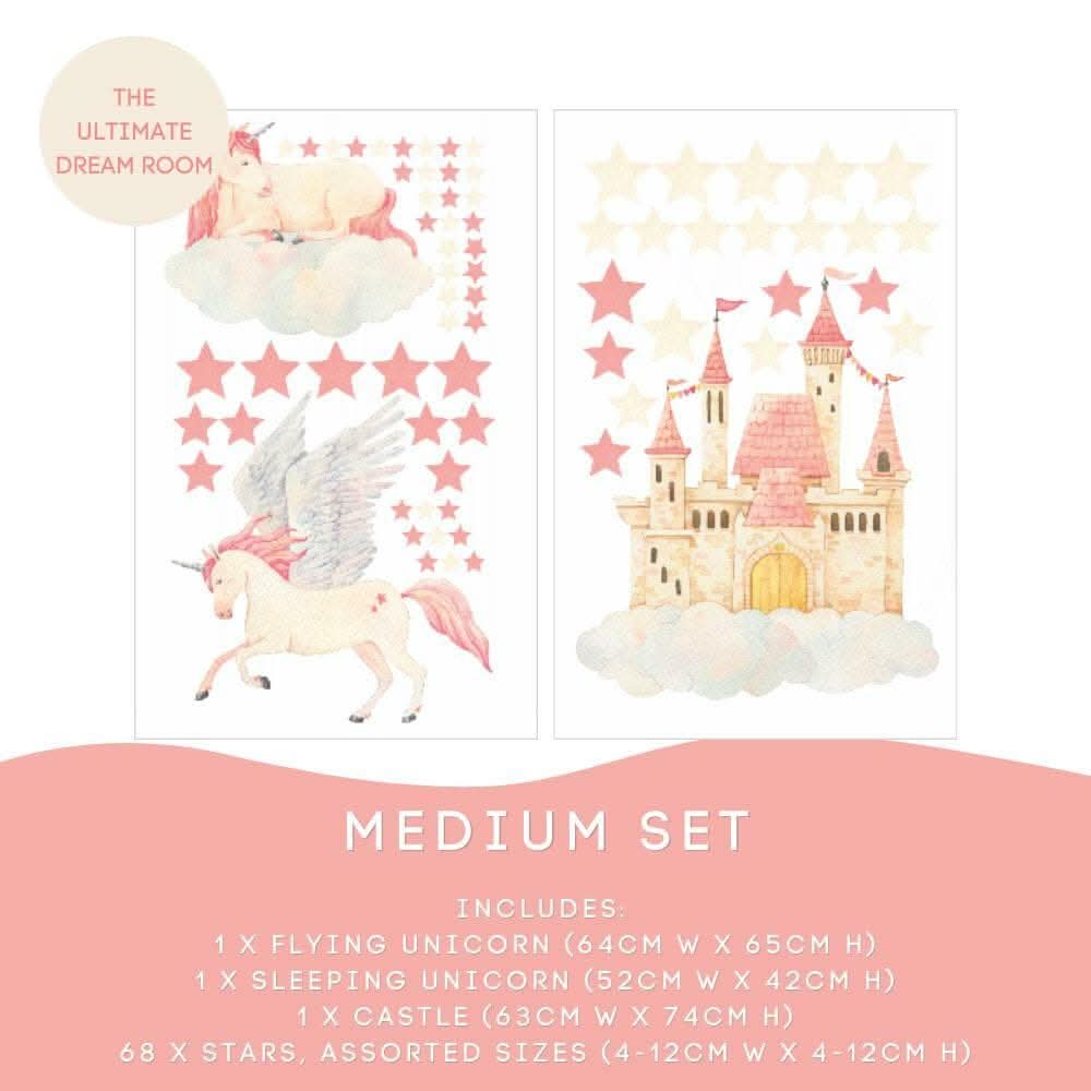 Unicorn Medium Set: flying unicorn 64cm, sleeping unicorn, castle 61cm and 68 stars