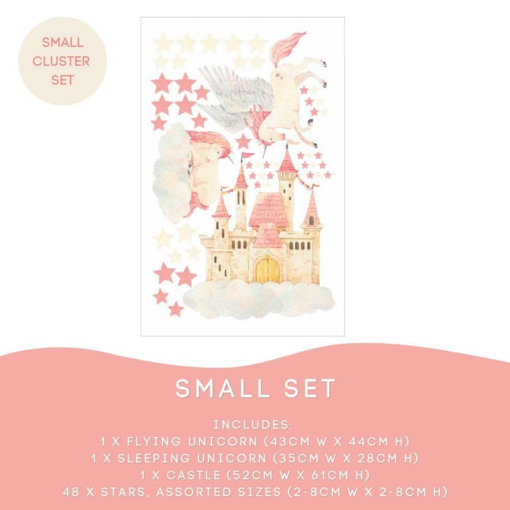 Unicorn Small Set: flying unicorn 43cm, sleeping unicorn, castle 52cm and 48 stars